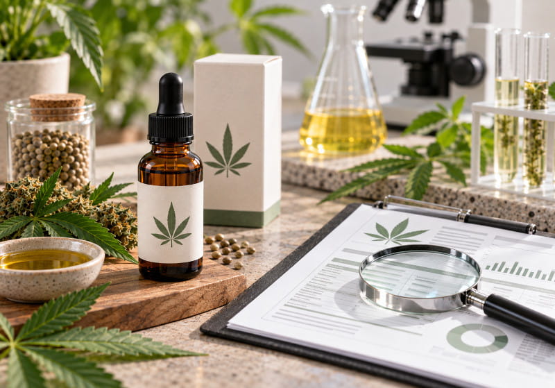 CBD product with label and laboratory analysis for quality assessment