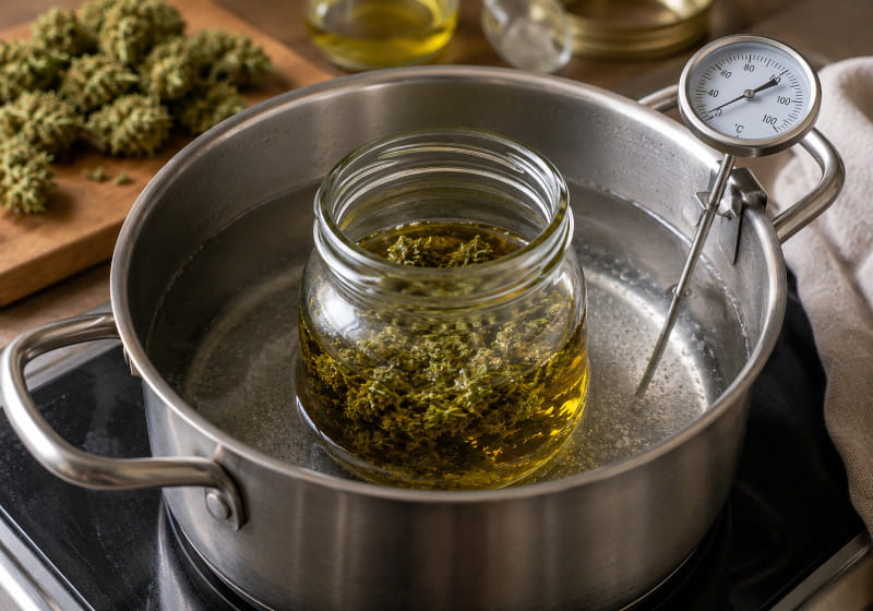 Die Cannabisblüten werden schonend im Trägeröl erwärmt, während das Wasserbad für eine kontrolliertere Wärmeübertragung sorgt.
