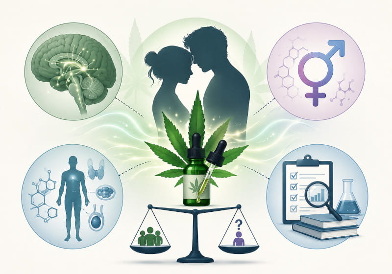 CBD Wirkung Sexualität – sachliche Infografik zu Libido, Nervensystem, Hormonen und Evidenzlage