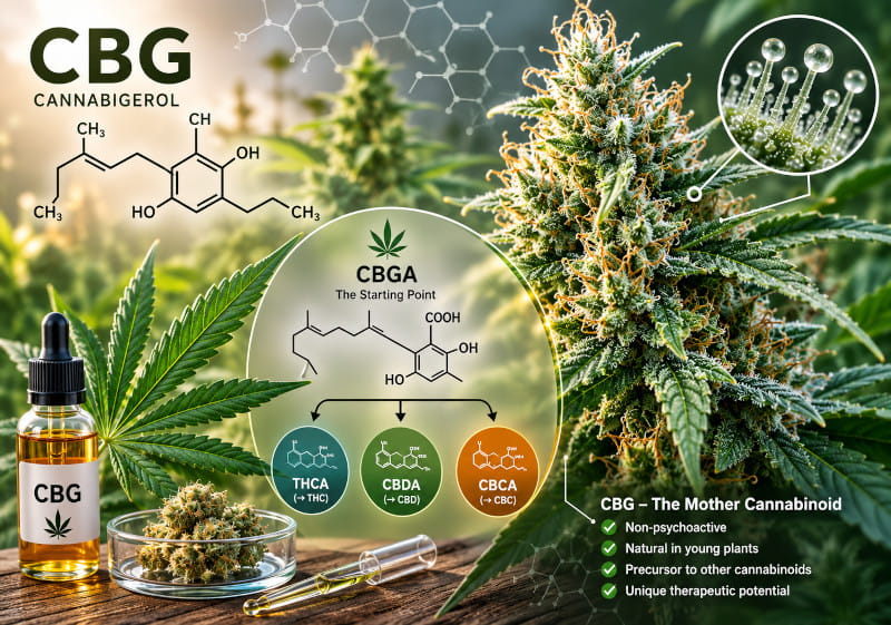 CBG-Molekül, Cannabispflanze und CBGA als Ausgangspunkt der Cannabinoid-Biosynthese