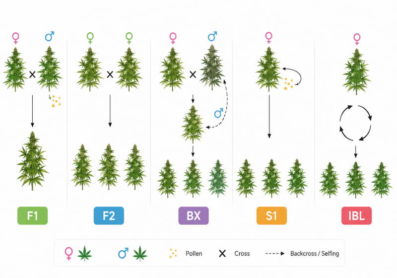 Schéma Canna Wiki : génétique du cannabis – F1, F2, BX, S1 et IBL