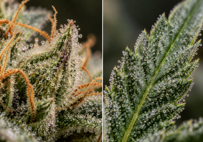 Comparaison des trichomes du cannabis sur une bractée et une feuille résineuse