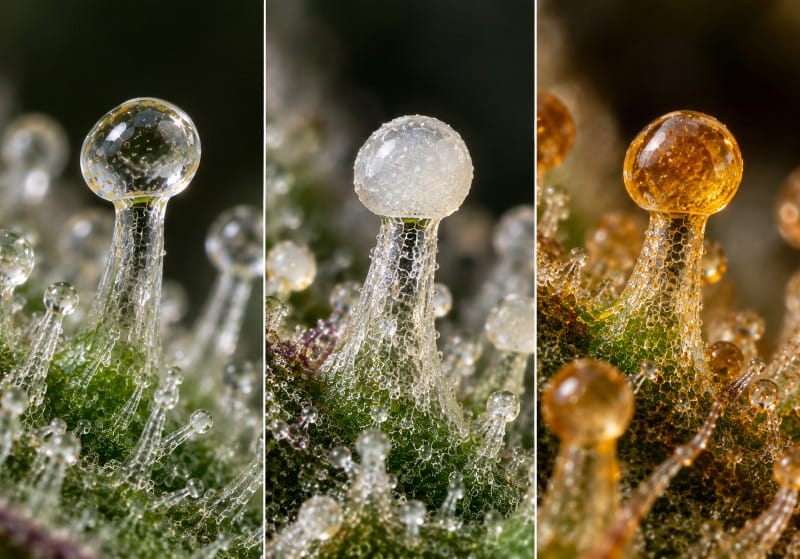 Comparaison de trichomes du cannabis transparents, laiteux et ambrés