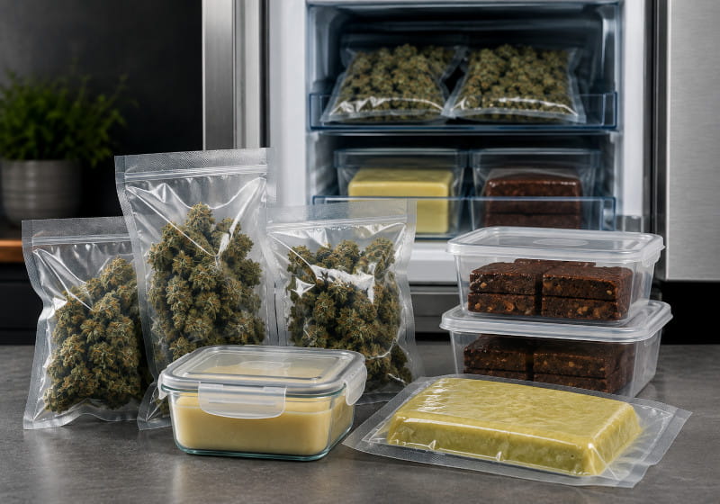 Fleurs de cannabis, beurre de cannabis et brownies emballés pour la congélation devant un congélateur