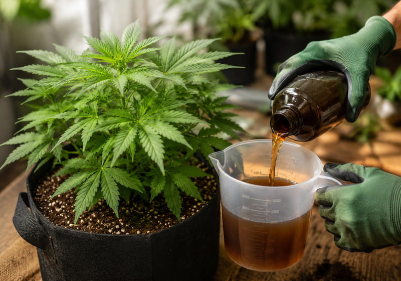 Cannabispflanze beim richtigen Düngen mit Nährlösung