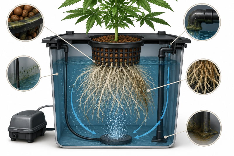 Schematische Darstellung eines DWC-Systems mit Luftstein, gesunder Wurzelzone, Wasserzirkulation und kritischen Stellen für Biofilm und abgestorbene Wurzeln