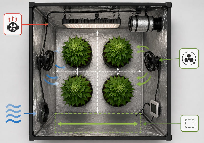 Draufsicht einer Growbox mit Pflanzenabständen, Zuluft, Umluft und freiem Wartungsweg