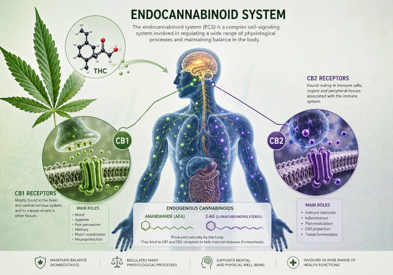 Endocannabinoid-System mit THC, CB1- und CB2-Rezeptoren