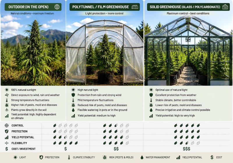 Cannabis Gewächshaus Outdoor im Vergleich zu freiem Outdoor-Anbau