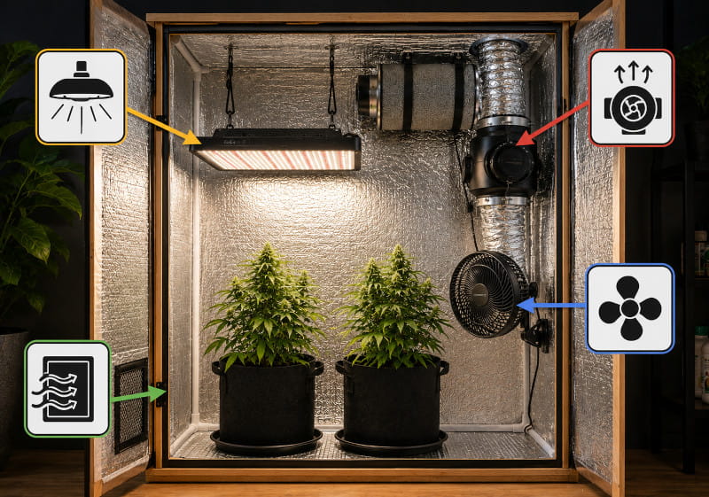 Aufbau einer Growbox mit beschrifteter Abluft, Zuluft, Umluft und Beleuchtung
