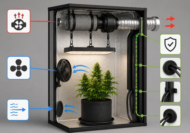 Seitenansicht einer Growbox mit Abluft oben, Zuluft unten und sicherer Kabeldurchführung