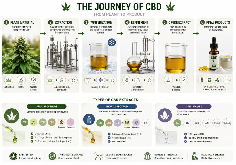 Herstellungsweg von CBD – Pflanzenmaterial, Extraktion, Reinigung, Vollspektrum, Broad Spectrum und Isolat