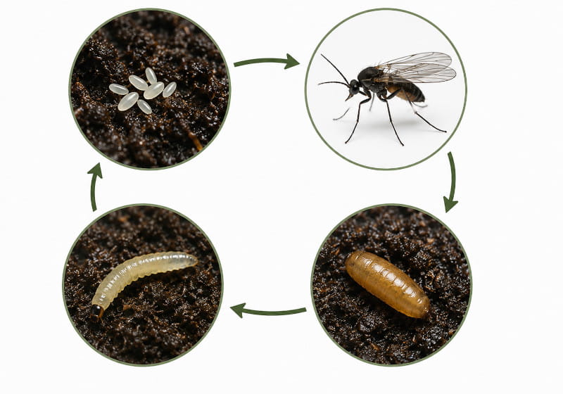 Lebenszyklus der Trauermücke: Ei → Larve → Puppe → erwachsene Trauermücke