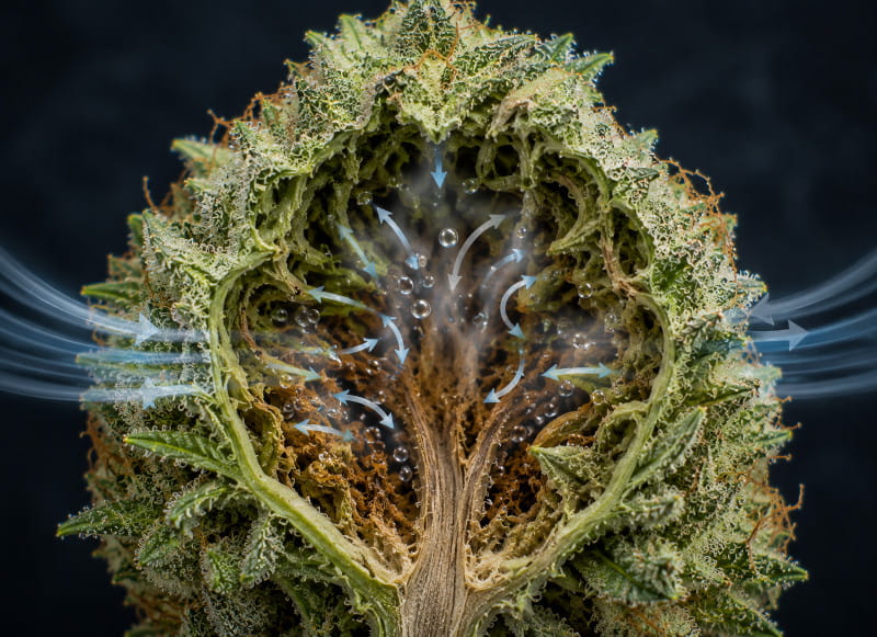 Microclimat à l’intérieur d’une fleur de cannabis dense – humidité et faible circulation de l’air