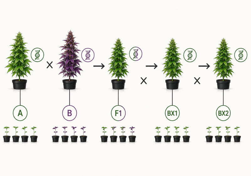 Rétrocroisement A × B → F1 → BX1 → BX2 sous forme d’arbre généalogique