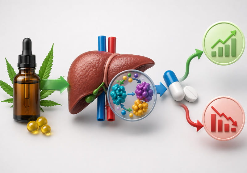 Schéma CBD – enzyme hépatique – concentration médicamenteuse