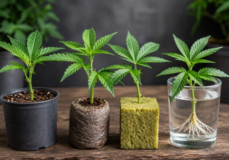 Cannabis Stecklinge in Erde Jiffy Laine de roche Fibre de coco und Eau bewurzeln