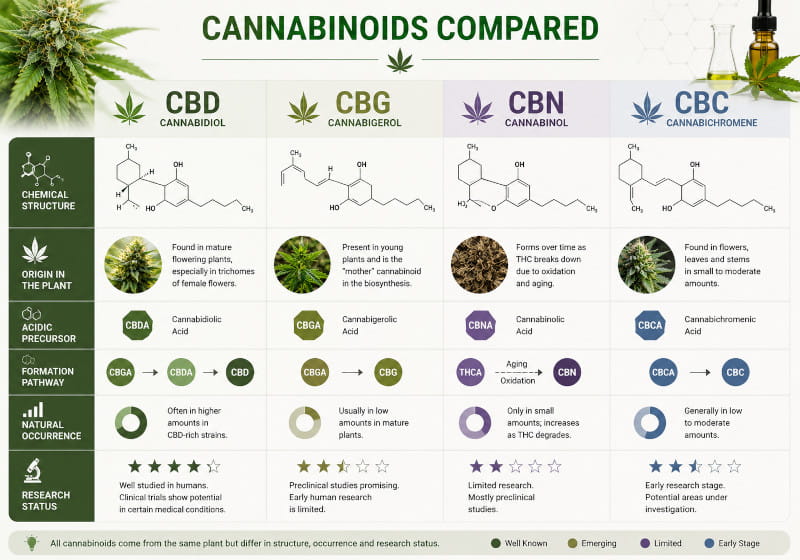 Vergleich CBD, CBG, CBN und CBC mit Herkunft, Vorstufen und Forschungsstand