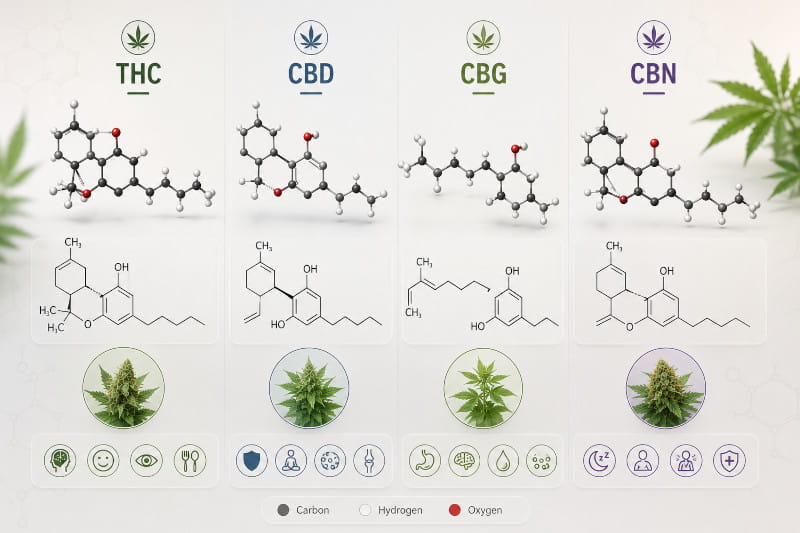 Neutraler Vergleich von THC, CBD, CBG und CBN als Moleküle