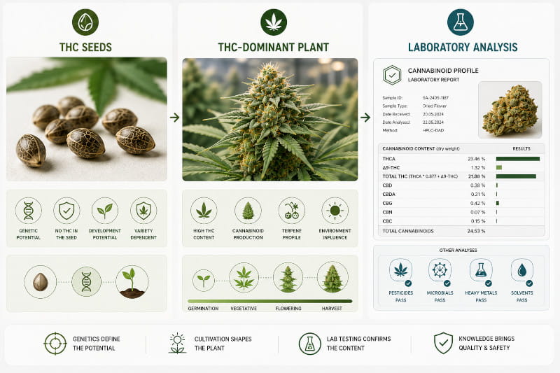 Neutraler Vergleich von THC Samen, THC-dominanter Pflanze und Laboranalyse