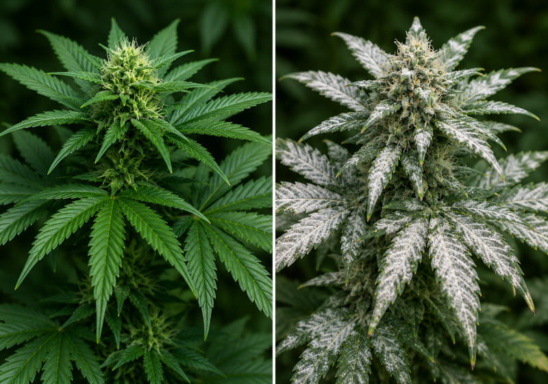 Vergleich gesunde Cannabispflanze und Pflanze mit Mehltau