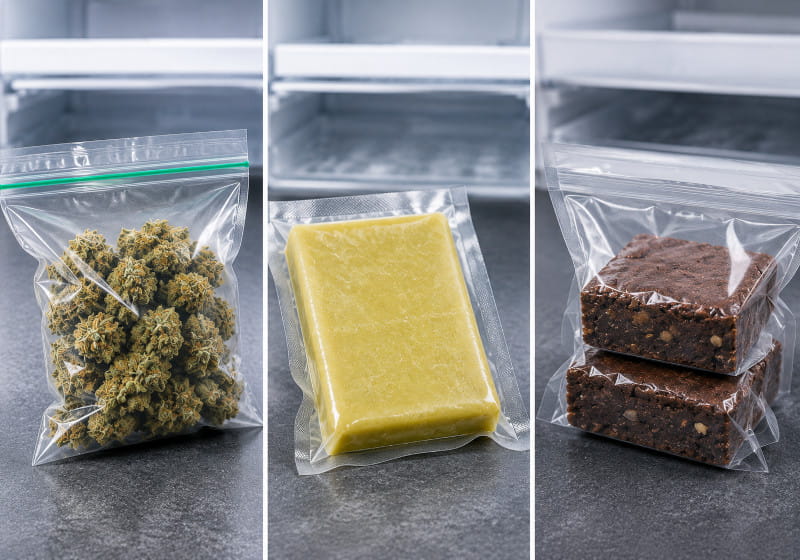 Image comparative avec des fleurs de cannabis, du beurre et des brownies comme trois produits différents à congeler
