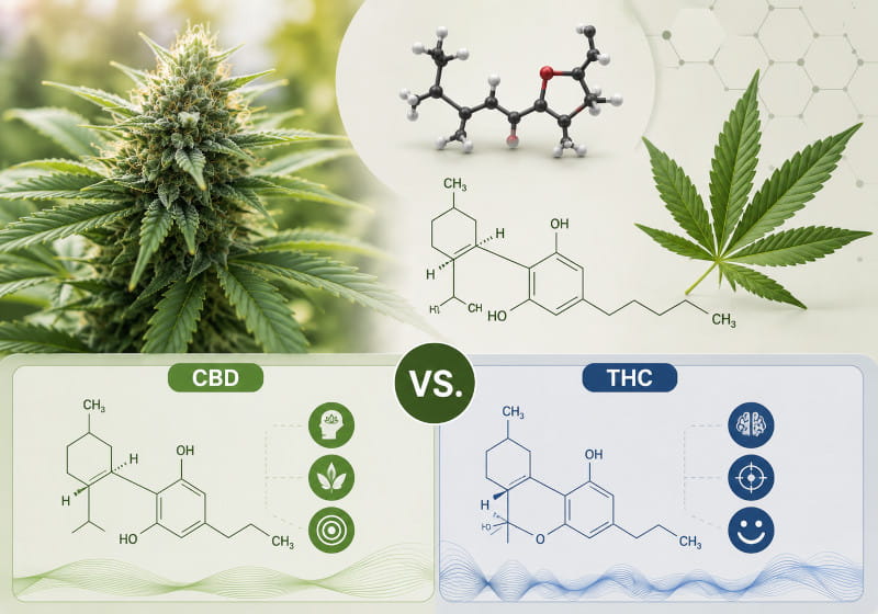 CBD-Molekül, Cannabispflanze und Vergleich von CBD und THC