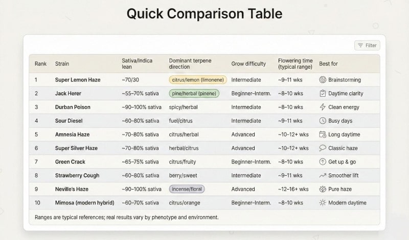 Comparaison rapide de dix excellentes variétés sativa