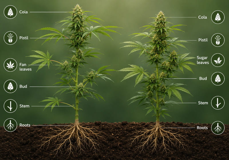 Anatomie der Cannabispflanze – Aufbau von Wurzeln, Stamm, Blättern und Blüten