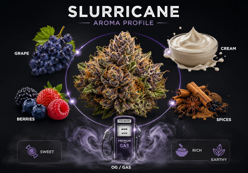 Profil aromatique de Slurricane – raisin, baies, crème, épices et OG/gas sous forme de symboles internationaux