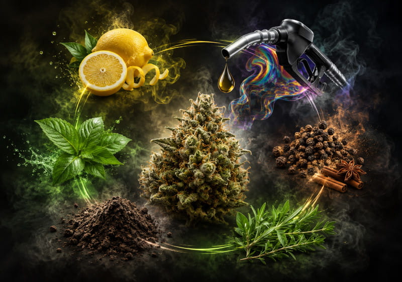 Profil aromatique de Sour Diesel avec citron, épices, herbes, terre et carburant
