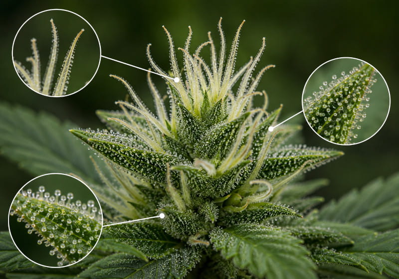 Aufbau einer weiblichen Cannabisblüte mit Brakteen, Stigmen und Trichomen