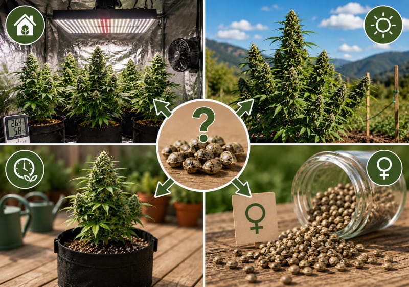 Aide au choix de graines de cannabis pour débutants – indoor, outdoor, autofloraison, féminisées