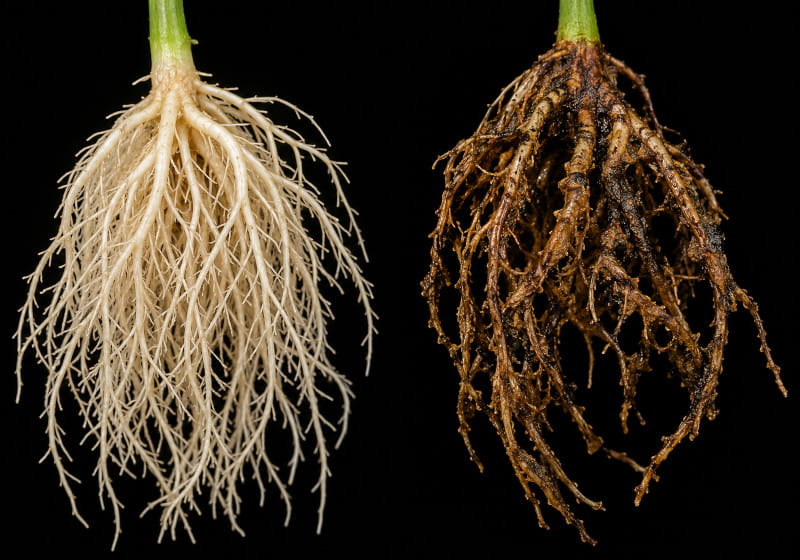 Gesunde helle Cannabiswurzeln im direkten Vergleich mit braunen, geschädigten Wurzeln bei Root Rot