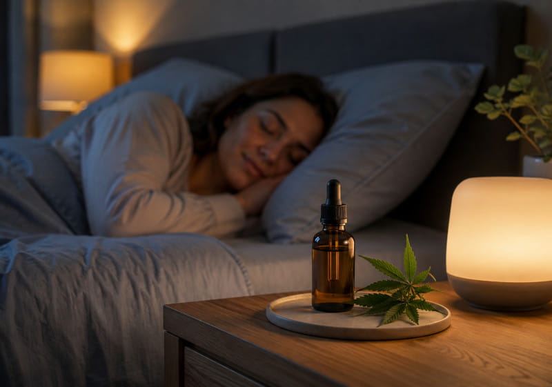 CBD et troubles du sommeil – scène calme en soirée avec lit, table de chevet, flacon discret d’huile de CBD et personne endormie