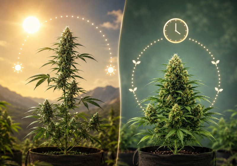 Comparaison entre Sour Diesel photopériodique et Sour Diesel Auto – deux plantes stylisées avec symboles soleil/horloge