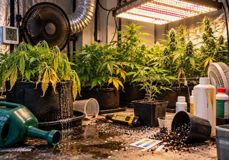 Common beginner mistakes when growing cannabis, including problems with watering, light, and nutrients