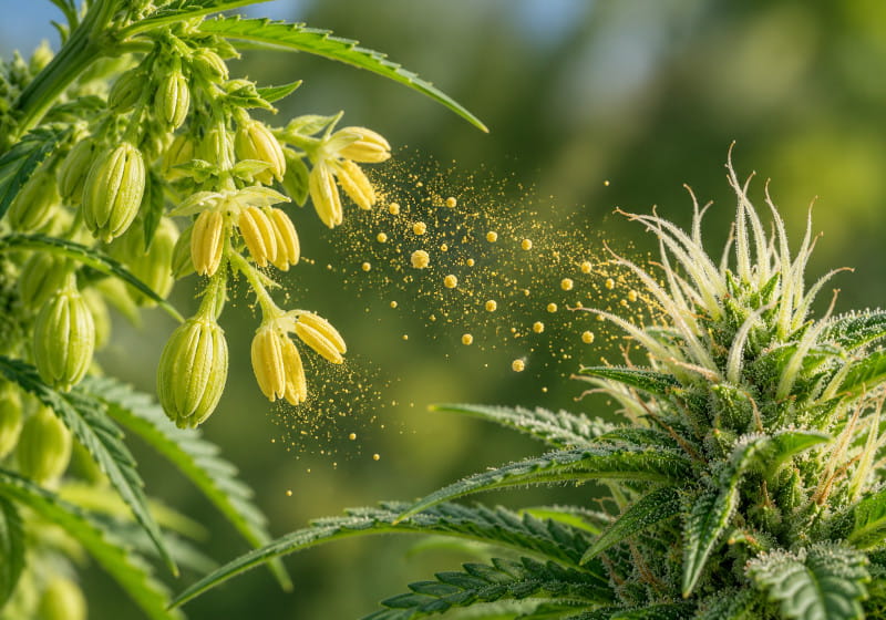 Polen de cannabis y estigmas de flores femeninas durante la polinización