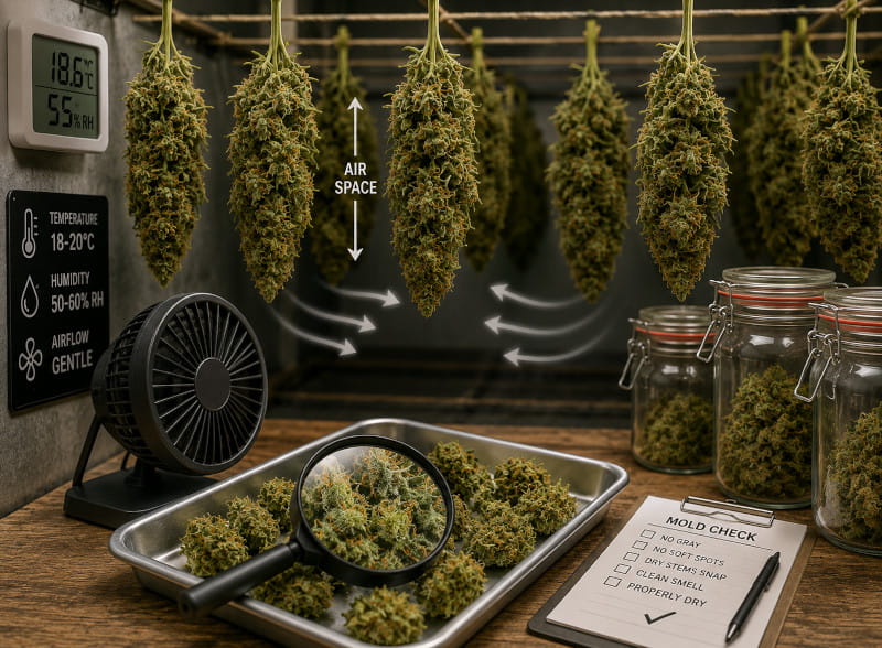 Fleurs de cannabis pendant le séchage avec attention portée à l’espacement, à l’humidité et au contrôle des moisissures