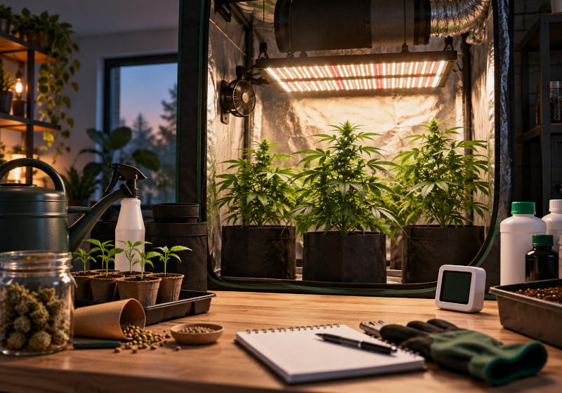 Saison indoor du cannabis avec box de culture et éclairage
