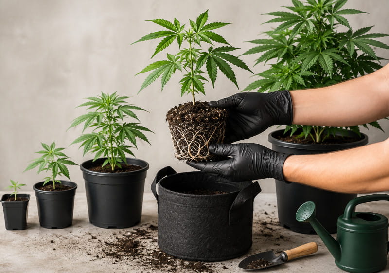 Cannabispflanze beim Umtopfen in einen größeren Topf