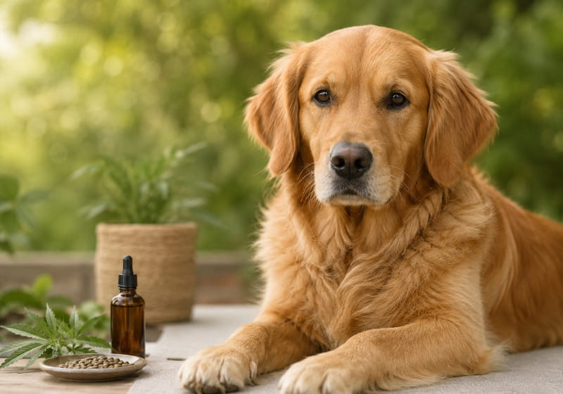 CBD für Hunde – ruhiger Hund mit CBD Öl und Hanfpflanze