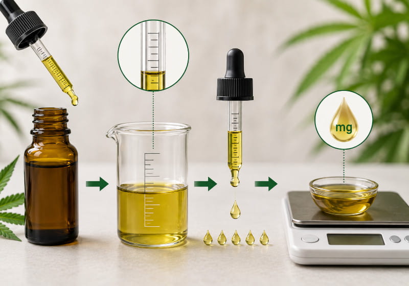 Calcul de la quantité de CBD du flacon aux ml, aux gouttes et aux mg