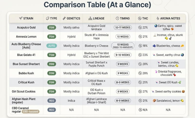 Tableau comparatif des différentes graines Barneys Farm chez Cannapot