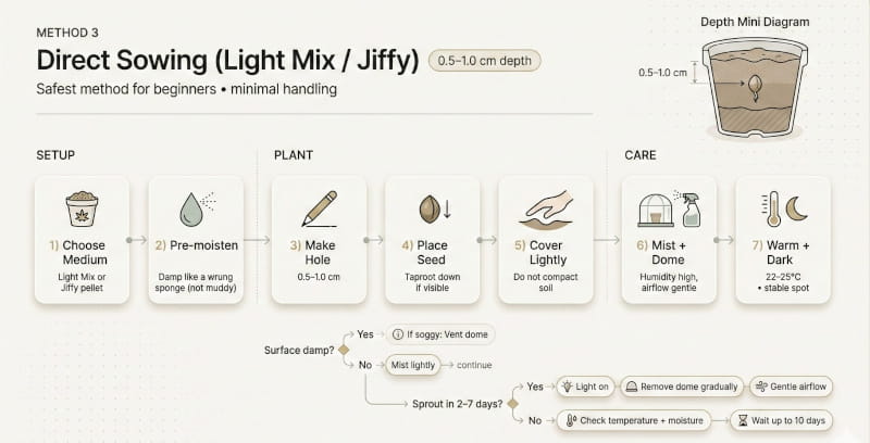 Directement dans le sol, le substrat, le mélange léger, le Jiffy, etc.