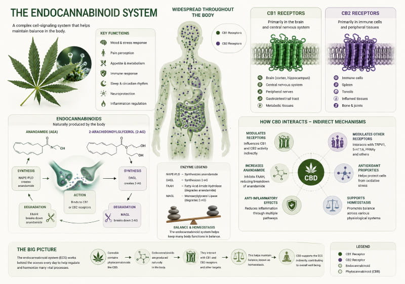 Endocannabinoid-System mit CB1, CB2, Anandamid, 2-AG, FAAH und MAGL sowie indirekten CBD-Wirkwegen