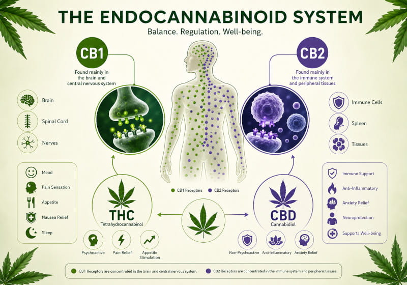 Endocannabinoid-System mit CB1, CB2, THC und CBD