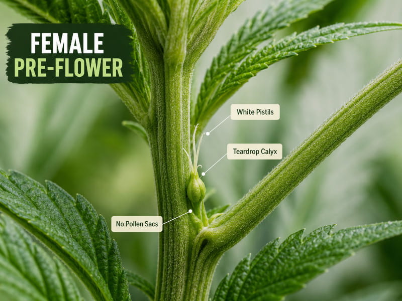 Weibliche Cannabis-Vorblüte mit weißen Pistillen