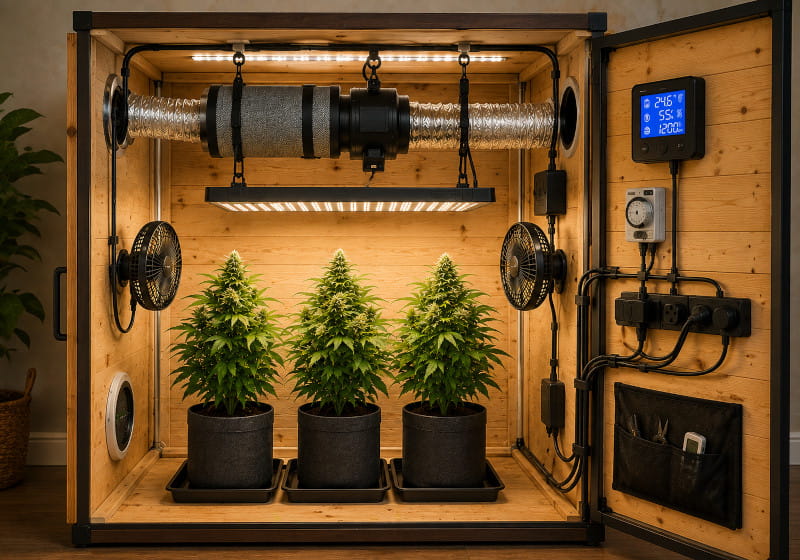 Fertig aufgebaute selbst gebaute Growbox mit sicherer Elektrik, geordnetem Innenraum und kontrollierter Belüftung