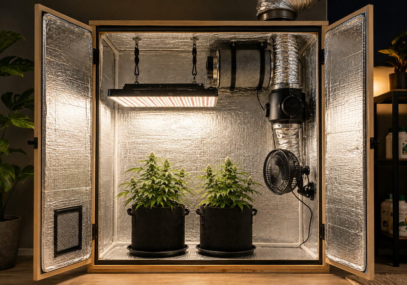 Selbst gebaute Growbox mit Beleuchtung, Abluft, Aktivkohlefilter und Umluftventilator